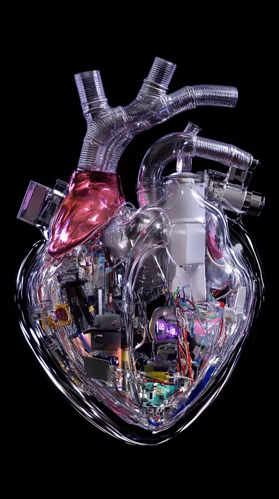 A transparent, artificial heart is showcased against a black background.  Its internal mechanisms, including tubing, wiring, and small electronic components, are visible.  The heart's chambers are represented, and a pinkish component simulates a heart valve. The intricate design highlights the complexity of a functioning heart, presented in an artistic, almost sculptural, manner.