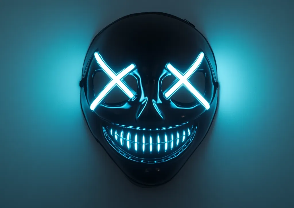 A black LED mask with a grinning face is illuminated with bright cyan light.  The eyes are marked with glowing white 'X's.  The mask has a glossy finish and sits against a light teal background. The overall effect is eerie and striking, suitable for Halloween or a rave.