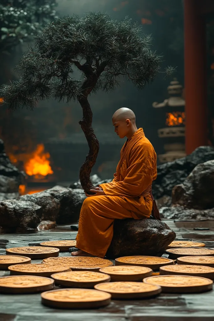 A serene bald monk, clad in an orange robe, meditates peacefully beside a bonsai tree.  He sits on a rock in a tranquil setting, surrounded by numerous circular stones on the ground.  A warm fire glows in the background, contrasting with the cool tones of the scene. The overall atmosphere is one of profound calm and spiritual reflection.