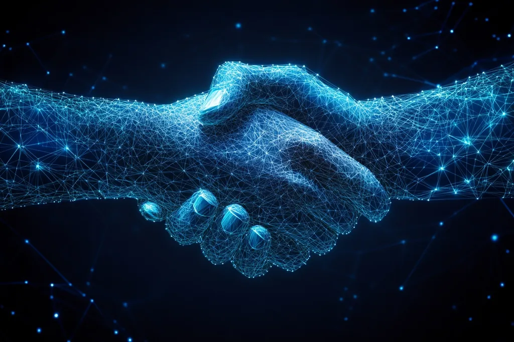 Two hands are shown in a handshake, rendered as a network of interconnected nodes and lines, glowing bright blue against a dark background.  The image suggests a digital or technological connection, symbolizing collaboration, partnership, or networking.  The intricate design highlights the complexity and interconnectedness of modern relationships.