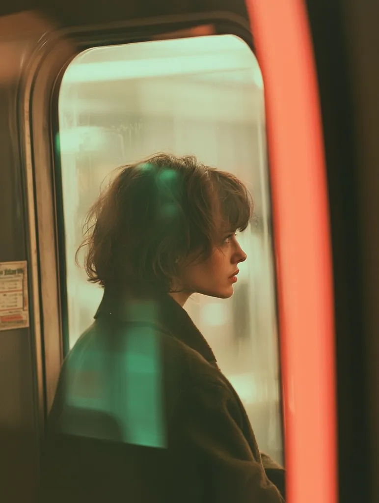 A young woman with short brown hair sits in profile view inside a public transit vehicle.  She wears a dark coat and gazes out the window, lost in thought.  Neon lights cast a green and orange glow on the glass, creating a moody, atmospheric scene. The overall mood is contemplative and slightly melancholic.