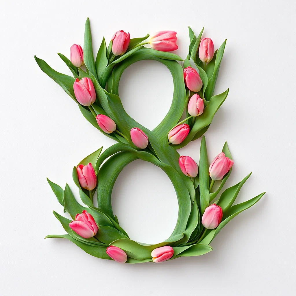 A vibrant arrangement of pink tulips forms the number eight against a clean white backdrop.  The tulips, with their stems and leaves, are artfully intertwined to create the numeral, a visually striking representation perfect for celebrating International Women's Day or other festive occasions.  The delicate pink blossoms contrast beautifully with the fresh green foliage.