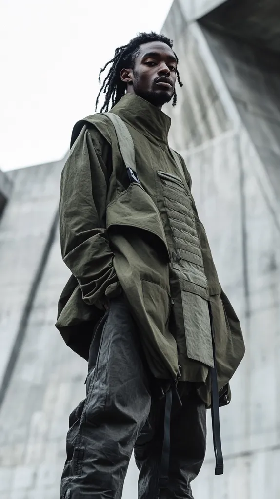 A young Black man with dreadlocks stands against a modern concrete structure. He's dressed in a layered, olive-green tactical-style jacket and dark cargo pants, the ensemble suggesting a blend of functionality and urban fashion.  His serious expression and the stark background create a strong, imposing image. The straps and pockets of his jacket add to the utilitarian aesthetic.