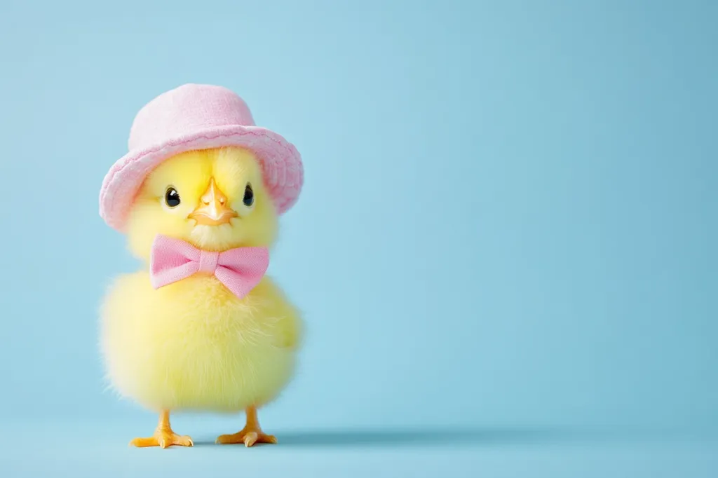A fluffy yellow chick stands against a light blue background.  It's adorably dressed in a pink sun hat and a matching bow tie. The chick's bright yellow down and the pastel pink accessories create a charming and cheerful Easter-themed image.  The simple background emphasizes the cuteness of the tiny chick.