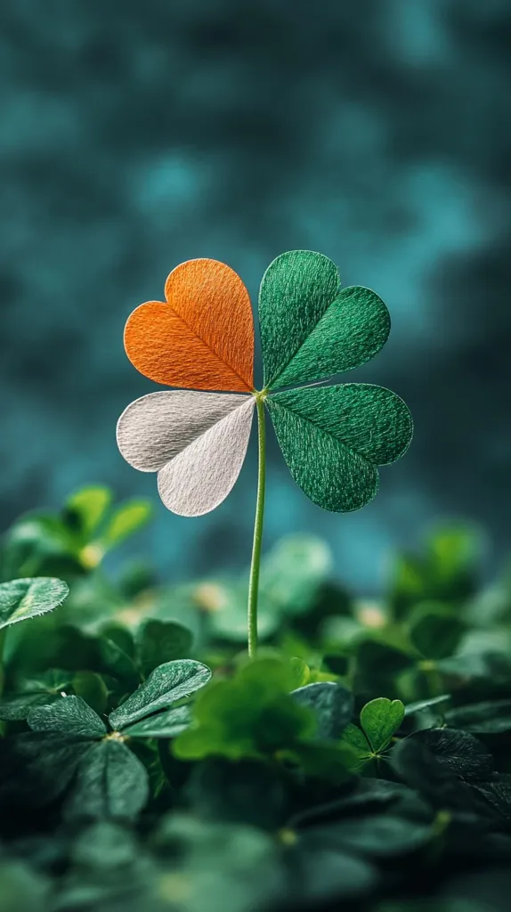 A single four-leaf clover stands out, its leaves colored in the Irish flag: orange, white, and green.  The clover is sharply focused against a blurred background of lush green foliage.  The image evokes a sense of luck and Irish heritage, with its vibrant colors and symbolic imagery.  The dark teal backdrop enhances the clover's vibrancy.