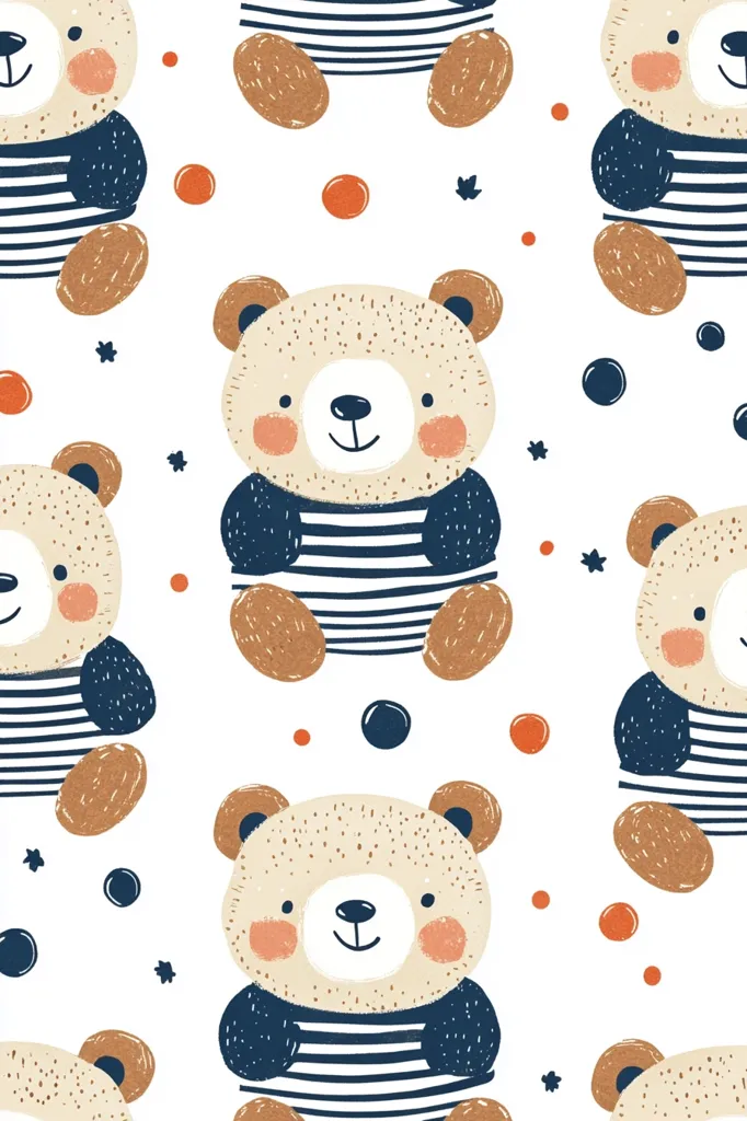 A seamless pattern features adorable cartoon teddy bears.  Each bear is light beige with dark blue striped shirts and brown paws.  They are scattered across a white background with small orange and dark blue dots and stars. The style is playful and childlike, ideal for fabrics or children's products.