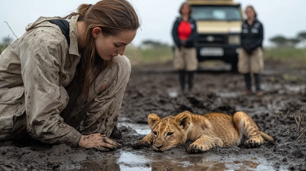 A young woman, covered in mud, kneels beside a lion cub in a muddy puddle.  The cub appears weary and rests in the mud.  In the background, blurred figures stand near a safari vehicle, suggesting a wildlife conservation or research setting. The scene conveys a sense of connection between the woman and the vulnerable animal.