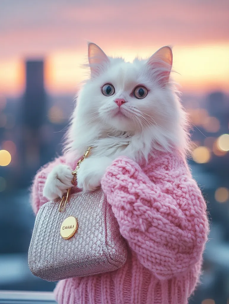 A fluffy white cat, wearing a pink knitted sweater, holds a shimmering pink handbag.  The cat's large, expressive eyes gaze directly at the camera. The background is a blurred cityscape at sunset, creating a soft, warm ambiance. The overall image is stylish and charming, depicting the cat as a fashionable accessory.
