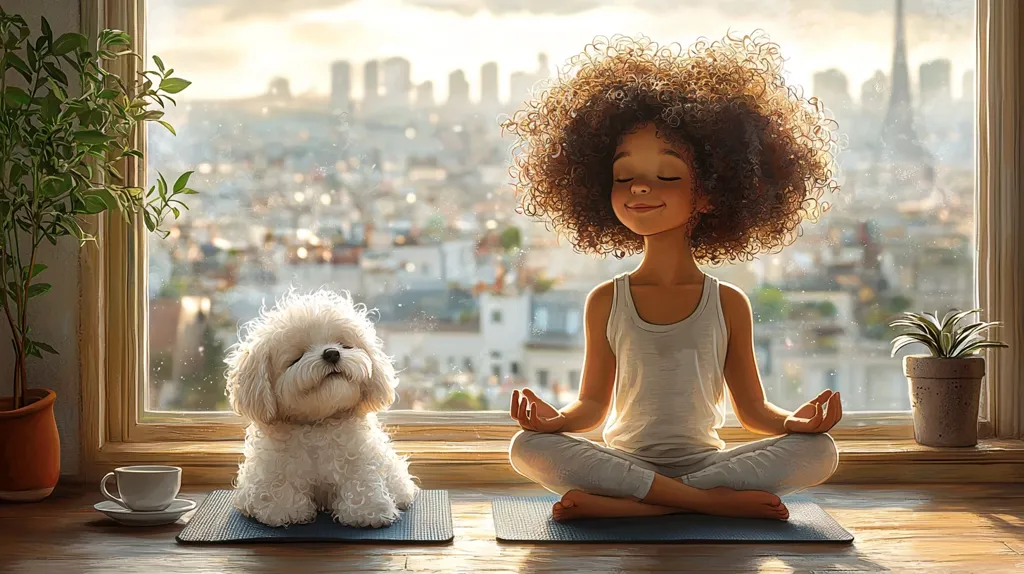 A young girl with voluminous curly hair sits cross-legged on a yoga mat, eyes closed in peaceful meditation.  Beside her, a fluffy white dog sits calmly on its own mat.  A large window behind them offers a view of a sunlit cityscape, suggesting a tranquil moment in a Parisian apartment. The scene is serene and idyllic, emphasizing mindfulness and companionship.