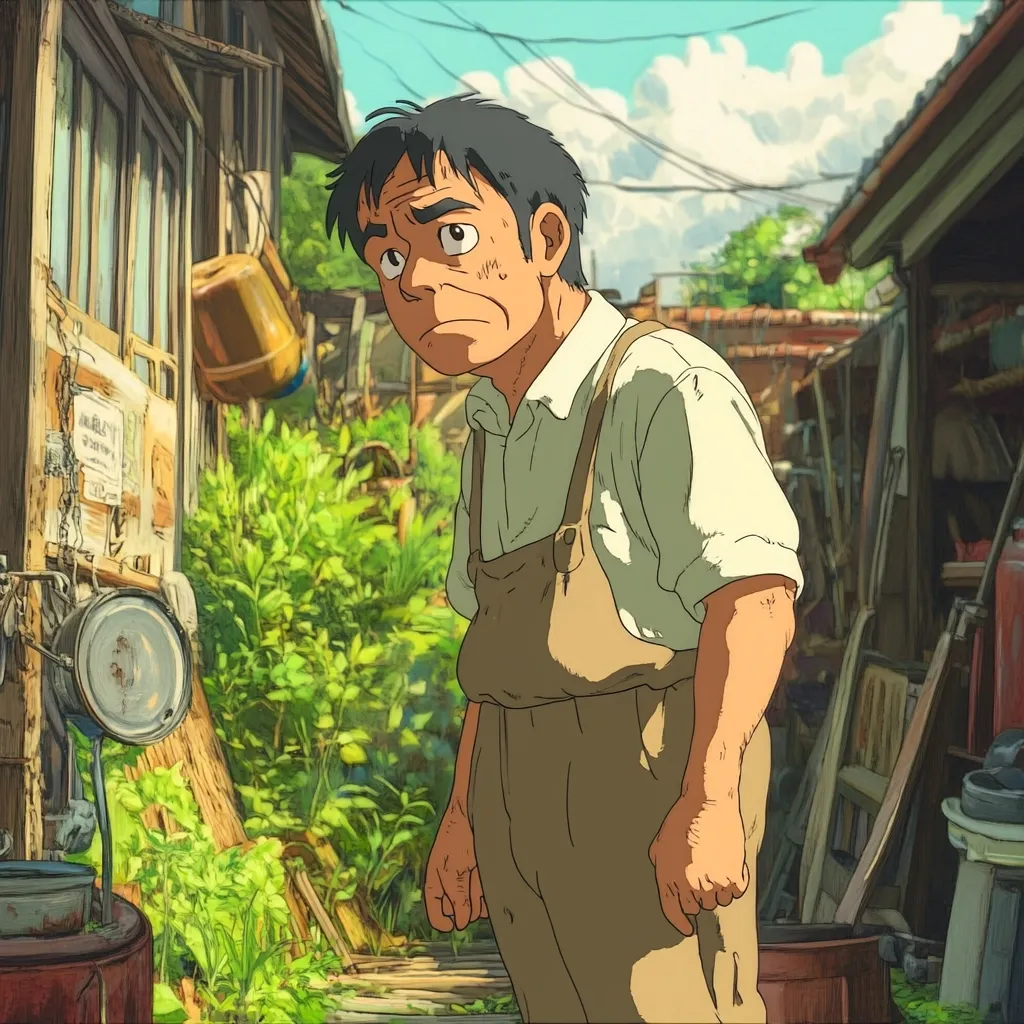A pensive middle-aged man, wearing beige overalls and a light shirt, stands in a cluttered, overgrown alleyway.  The setting appears to be a rustic, possibly rural Japanese town.  Old buildings and discarded items surround him, creating a melancholic atmosphere.  The man's expression is somber, suggesting a thoughtful or perhaps burdened mood.  Sunlight filters through the scene, casting shadows and highlighting the vibrant green foliage.