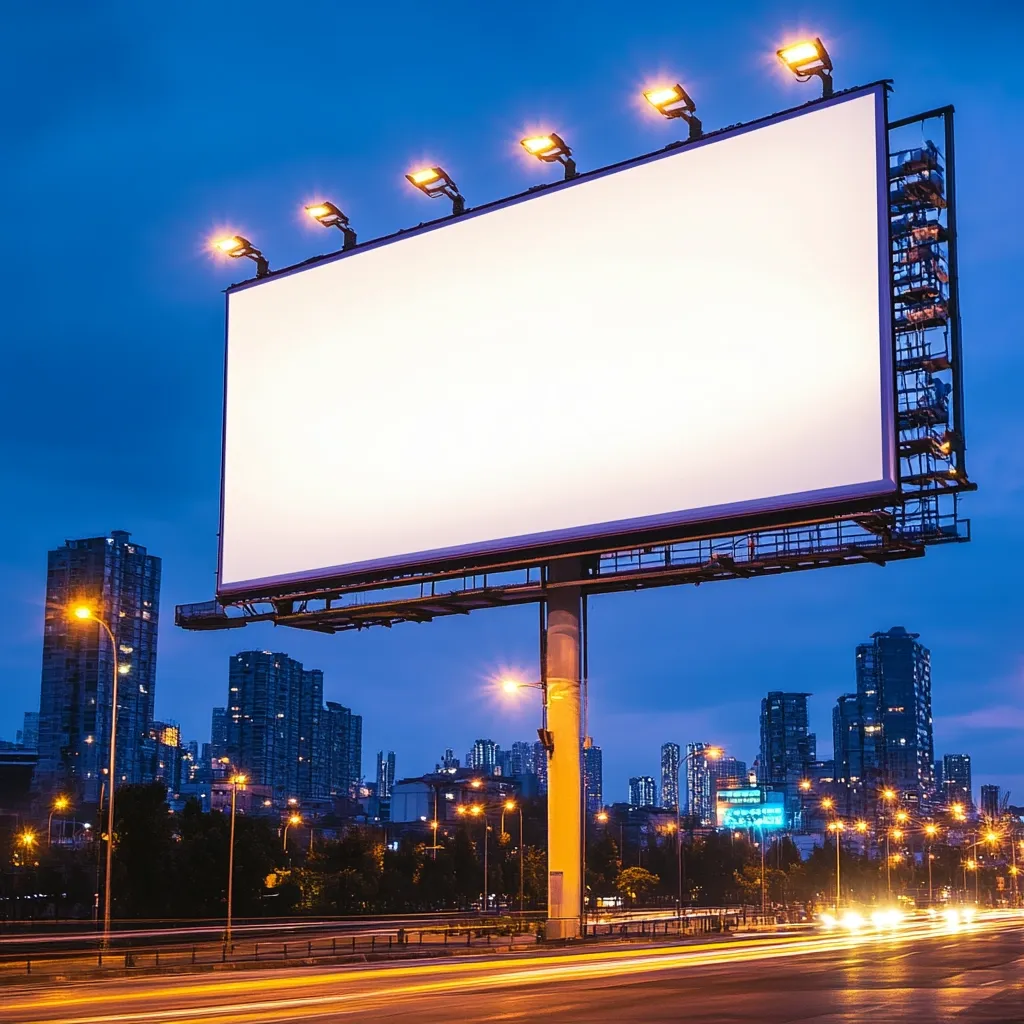 A large blank billboard is prominently displayed against a twilight cityscape.  Brightly lit at night, the billboard stands tall above a busy highway with light trails from moving vehicles.  City buildings of varying heights form the backdrop, creating a striking contrast between the advertisement space and the urban environment. The scene suggests a high-traffic location ideal for impactful advertising.