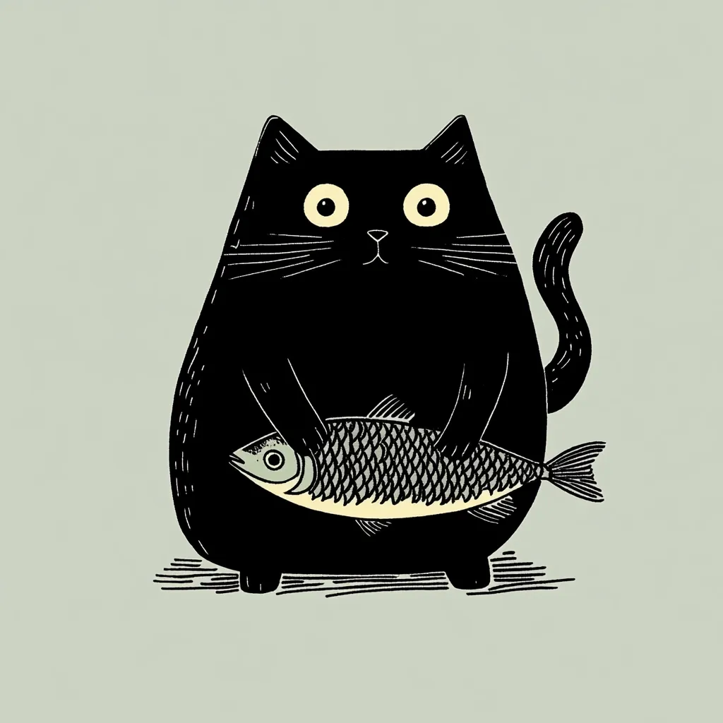 A chubby black cat with wide, surprised eyes holds a fish in its paws.  The cat's style is simple, almost cartoonish, with bold outlines and minimal detail. The background is a muted sage green, providing a calm contrast to the black cat and its silvery catch. The image evokes a sense of humor and perhaps a bit of mischievousness.