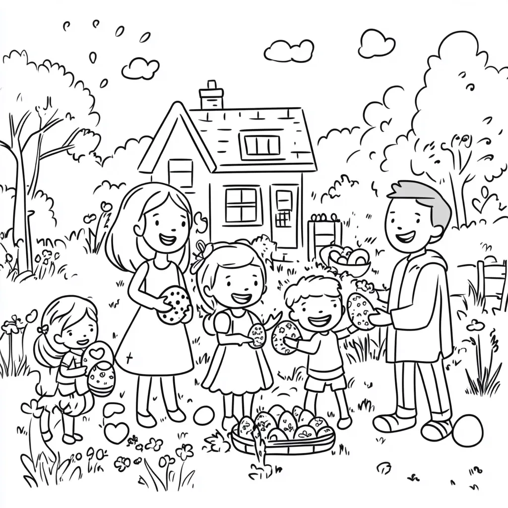 A black and white illustration depicts a family Easter egg hunt. Two parents and three children gather decorated eggs in a basket near their house.  Flowers and trees surround the home in a cheerful spring scene. The children excitedly hold and share their colorful finds, enjoying the traditional holiday activity. The family is dressed in simple clothing.
