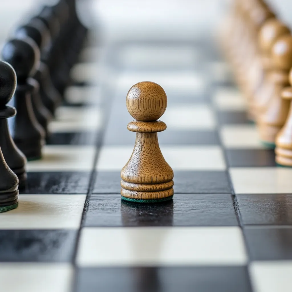 A single light brown chess pawn stands in the center of a chessboard, flanked by rows of black and light-colored pawns.  The focus is sharp on the central pawn, while the surrounding pieces are blurred, creating a shallow depth of field.  The image suggests themes of strategy, individuality, and contrast.