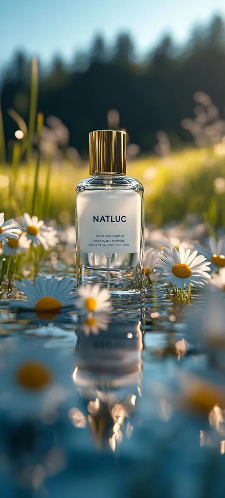 A bottle of NATLUC perfume sits in shallow water amidst a field of daisies.  The bottle is clear glass with a gold cap, reflecting the surrounding sunlight.  The label is simple, with the brand name prominently displayed.  The tranquil scene evokes a sense of natural beauty and serenity. The water gently ripples around the bottle.