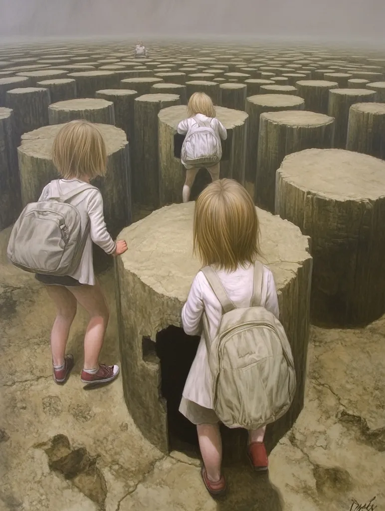 Three young girls with backpacks navigate a desolate landscape of large, cylindrical structures.  The setting is hazy and expansive, suggesting a maze-like environment.  One girl investigates a hollow within a cylinder, while the others proceed cautiously.  The overall mood is mysterious and slightly unsettling.