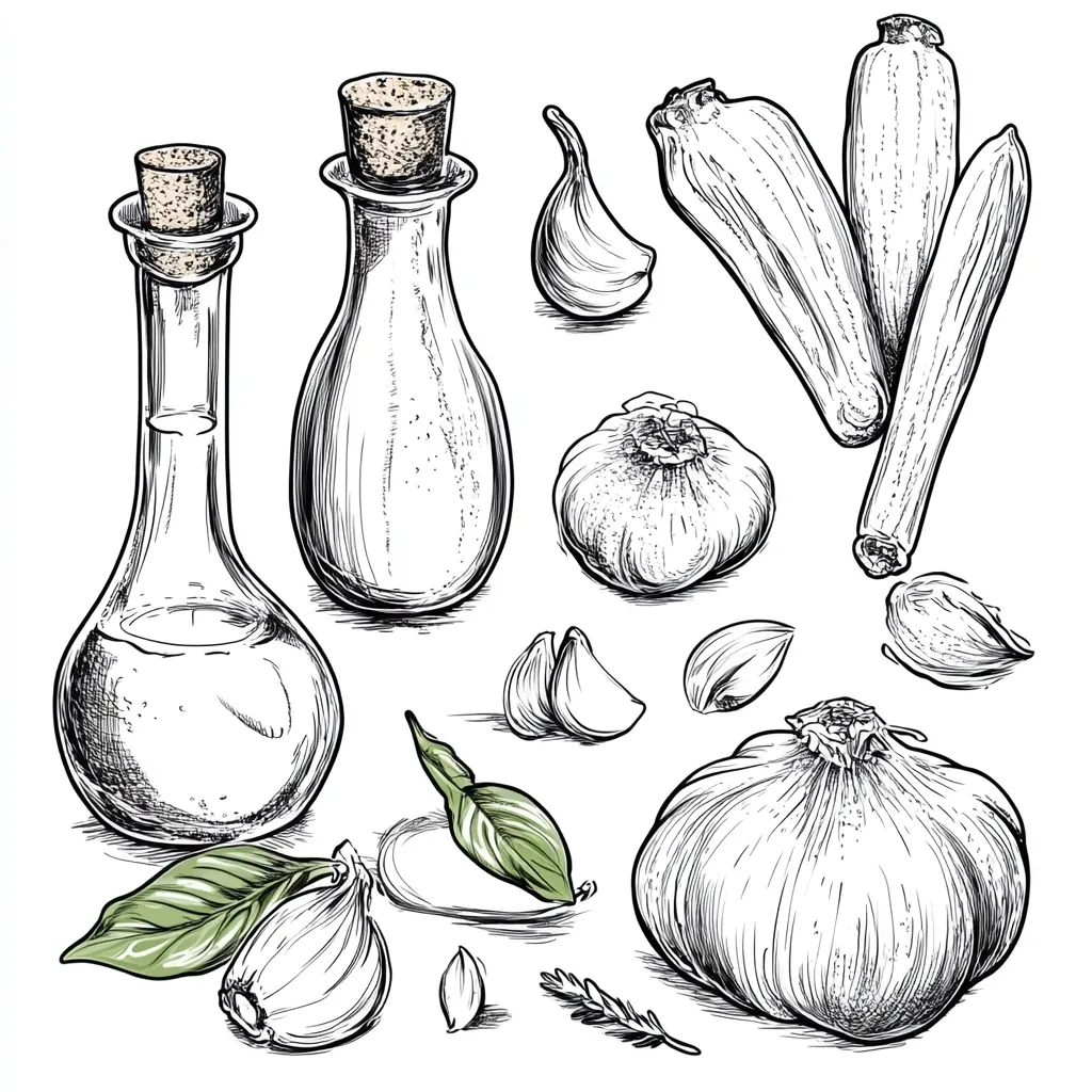 A hand-drawn illustration showcases various culinary ingredients.  Two glass bottles, likely containing oil or vinegar, are depicted alongside whole and halved garlic bulbs, zucchini, and fresh basil leaves.  The detailed sketch style emphasizes the textures of the ingredients, creating a visually appealing depiction of a cooking scene or recipe.  The overall style is rustic and evocative of fresh, homemade food.