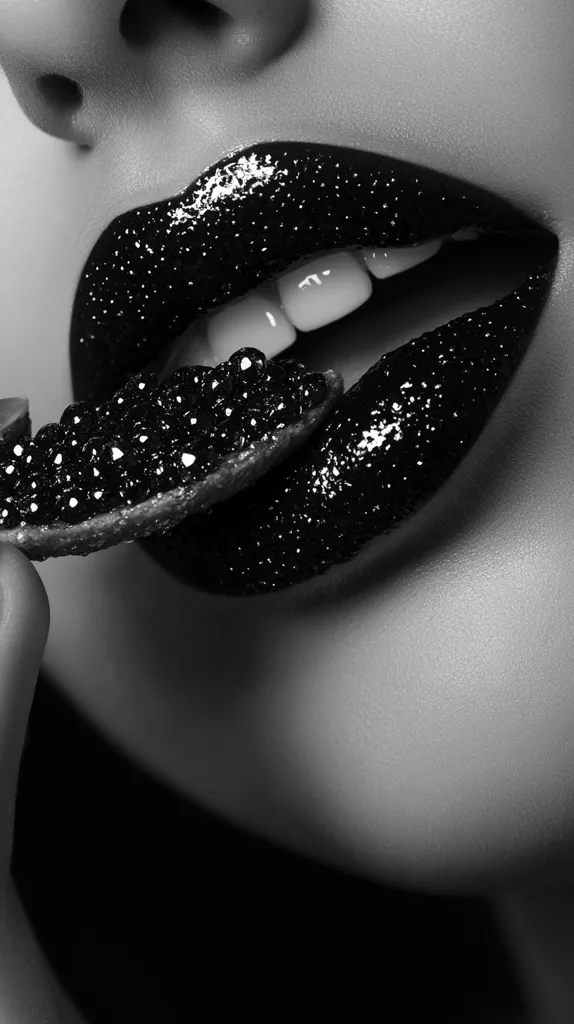 A close-up black and white shot of a woman's mouth.  Her lips are coated in a dark, glossy substance, possibly black caviar, mirroring the spoonful of caviar she is delicately holding.  The image is sensual and dramatic, emphasizing texture and contrast. The focus is sharp, highlighting the details of the lips and the caviar.