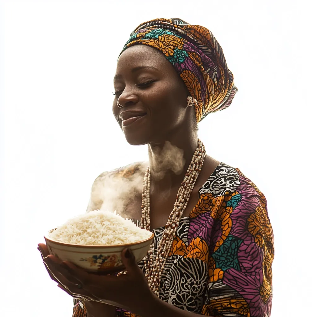 A dark-skinned woman, adorned in a vibrant African print head wrap and dress, holds a bowl of steaming rice.  Her eyes are closed, suggesting contentment and appreciation. The image is set against a bright white background, emphasizing the woman and the food. The scene evokes a sense of warmth, cultural richness, and simple pleasures.