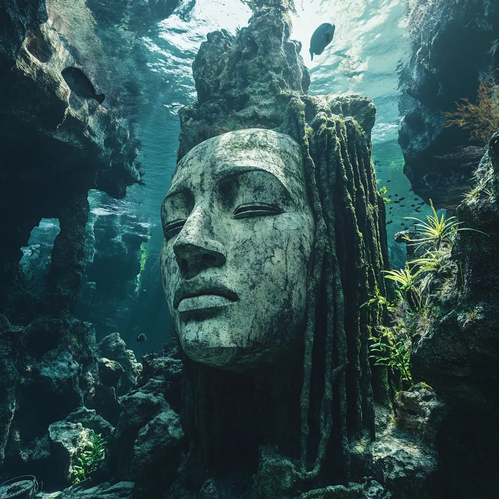 An underwater scene featuring a large, serene stone sculpture of a woman's face, partially covered in aquatic plants and algae.  The sculpture is situated amongst rock formations, with several fish visible in the clear water. Sunlight filters through the surface, illuminating the scene with a mystical, ethereal quality.  The overall impression is one of tranquility and hidden beauty beneath the waves.