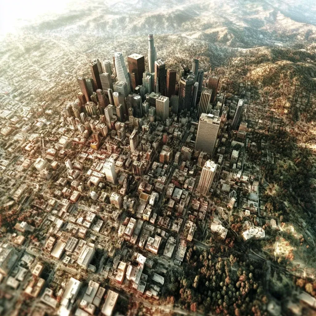 A high-angle, wide shot depicts a sprawling city, possibly Los Angeles, nestled within a landscape of surrounding hills and trees.  The image showcases a dense concentration of buildings, ranging from skyscrapers in the city center to smaller structures extending outwards.  A warm, slightly hazy light bathes the scene, giving it an almost apocalyptic or post-apocalyptic feel. The overall texture and color palette suggest a blend of urban decay and natural reclamation.