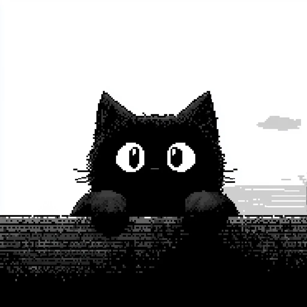 A pixel art image depicts a black cat peering over a dark surface.  Its large, round eyes are wide, giving it a curious expression. The cat's fur is depicted with pixelated shading, creating a simple yet charming aesthetic.  A minimalist background suggests an outdoor scene with a hint of a sky and horizon. The overall style is reminiscent of 8-bit video game graphics.