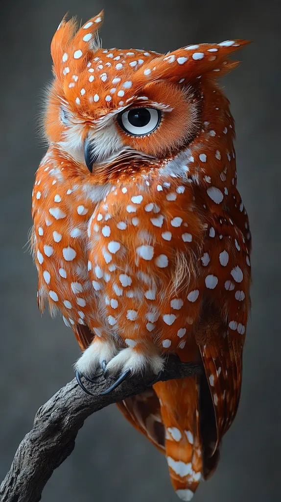A stunning orange owl, speckled with white dots, perches on a dark grey branch. Its large, expressive eyes and intricate plumage are sharply detailed.  The owl's feathers are a vibrant, rusty orange, contrasting beautifully with the white spots. Its posture suggests alertness and stillness, a captivating blend of wild beauty and serene grace.