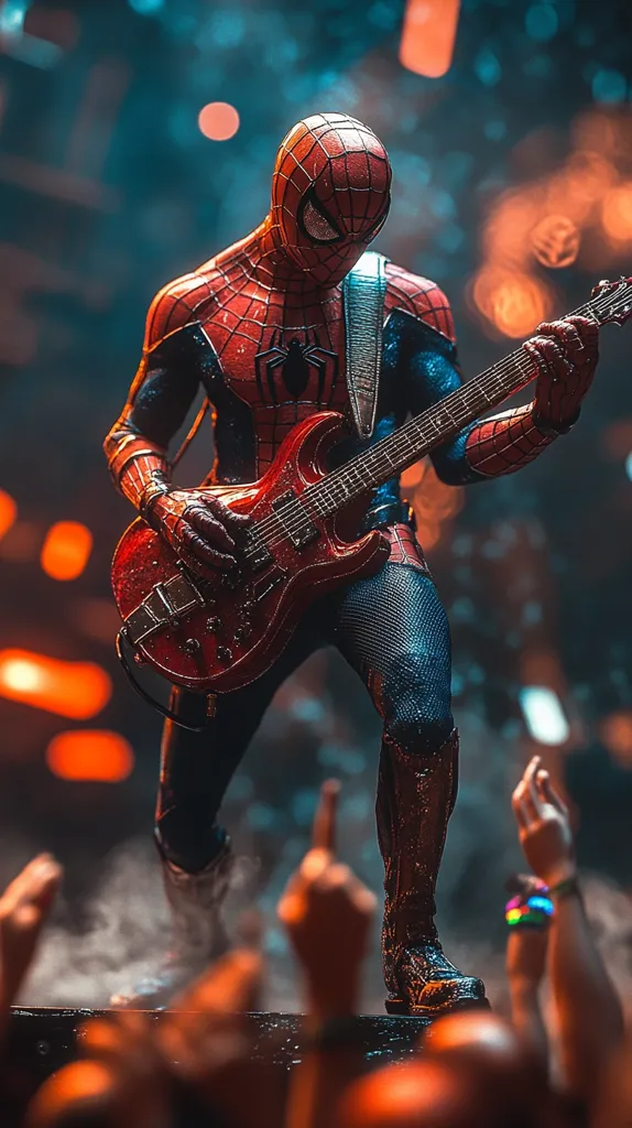Spider-Man, in his iconic red and blue suit, takes center stage, passionately playing a fiery red electric guitar.  The vibrant image captures the energy of a concert, with blurred lights and outstretched hands of cheering fans in the foreground.  Smoke adds to the dramatic atmosphere, creating a captivating blend of superhero and rockstar aesthetics.