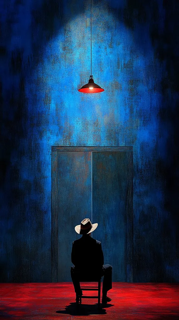 A lone figure, silhouetted against a deep blue wall, sits on a wooden chair before a closed door.  A red pendant light hangs above, casting a single beam of light. The man wears a hat and suit, his posture suggesting contemplation or waiting. The stark contrast of colors and the minimalist setting create a dramatic and mysterious atmosphere. The red floor adds a touch of unexpected vibrancy.