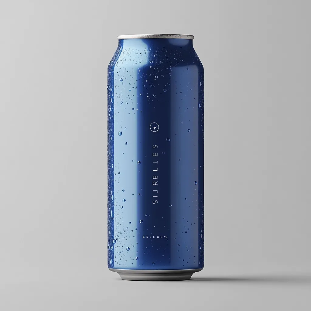 A tall, slender blue aluminum can, covered in condensation, stands against a light gray background.  The can features minimal branding: "SIJRELLES" vertically centered, with a small symbol above and "STLREW" below, subtly printed in a sans-serif font.  The metallic sheen of the can is visible, reflecting the light.  The overall impression is one of clean, modern design.