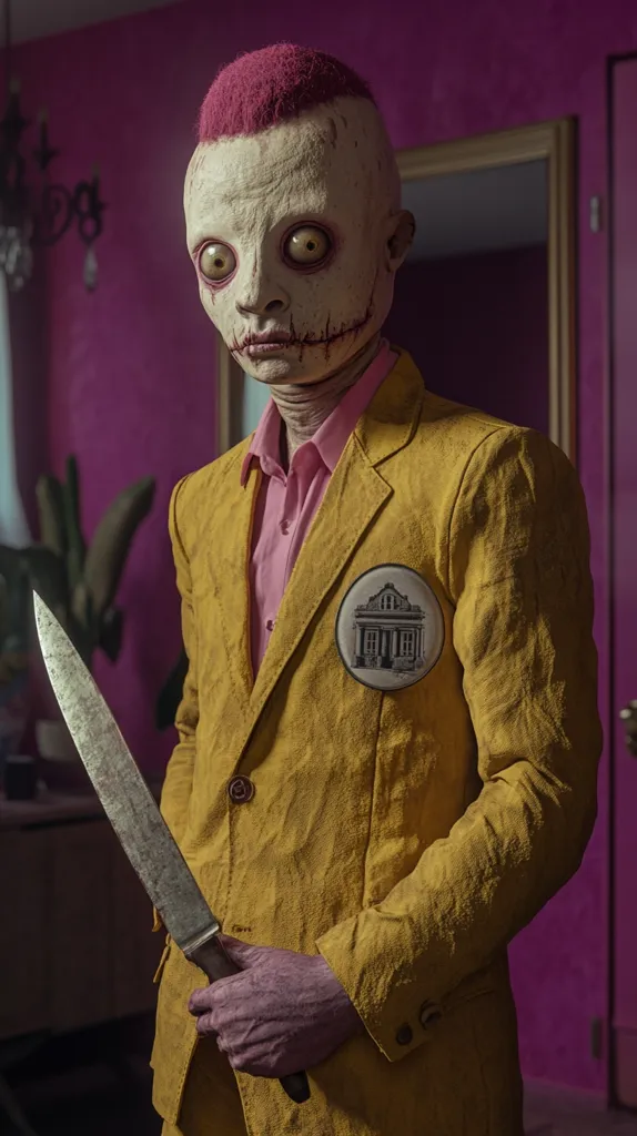 A figure with a pale, unsettling mask and pink mohawk wears a mustard yellow suit.  The mask features exaggerated features and stitched-like details.  The figure holds a large, rusty knife.  A building emblem adorns the suit's lapel. The setting is a room with pink walls and a mirror. The overall image evokes a sense of unease and mystery.