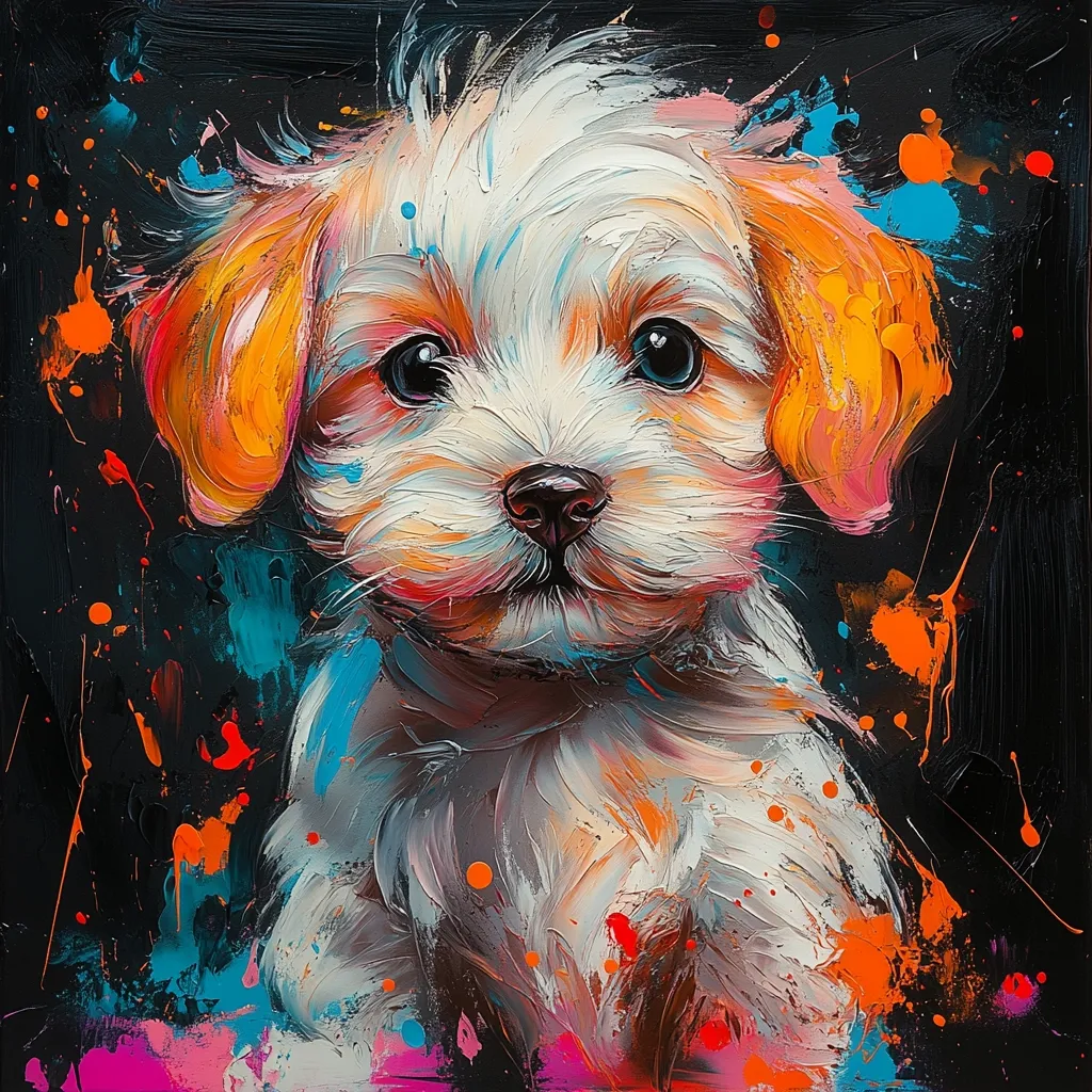A vibrant oil painting depicts a fluffy white puppy with orange ears.  The puppy's fur is rendered with thick, expressive brushstrokes, creating a textured effect. The background is a dark canvas splashed with bright, colorful paint splatters in teal, orange, and pink, contrasting beautifully with the puppy's soft fur. The puppy's large, expressive eyes add a touch of sweetness to the otherwise bold and energetic painting.