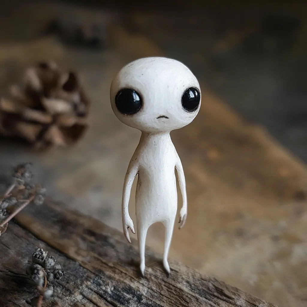 A small, handcrafted figurine resembling an alien stands on weathered wood.  Its pale, smooth body contrasts with large, dark eyes that give it a melancholic expression.  The figurine's simple design and somber mood create a whimsical yet slightly eerie aesthetic. The background is blurred, focusing attention on the miniature figure.
