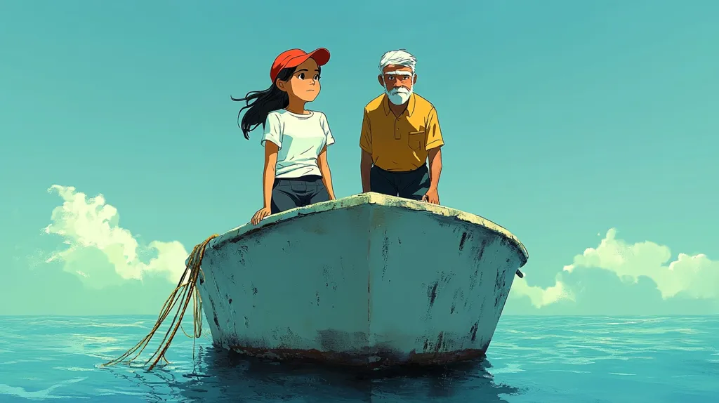 A young woman with long black hair and a red cap stands in a weathered, small boat alongside an elderly man with white hair and a yellow shirt.  They are both looking out at a calm, turquoise sea under a bright blue sky dotted with fluffy white clouds.  A fishing net trails behind the boat. The scene evokes a sense of tranquility and perhaps a shared journey.