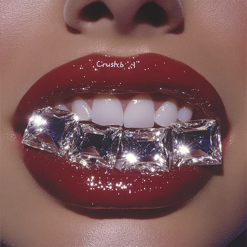 Close-up of a woman's mouth with full, glossy, dark red lips.  Between her teeth rests a row of large, sparkling, square-cut diamonds, creating a striking contrast of color and texture. The image is highly stylized, with a focus on luxurious detail and vibrant color.  The overall effect is glamorous and opulent.
