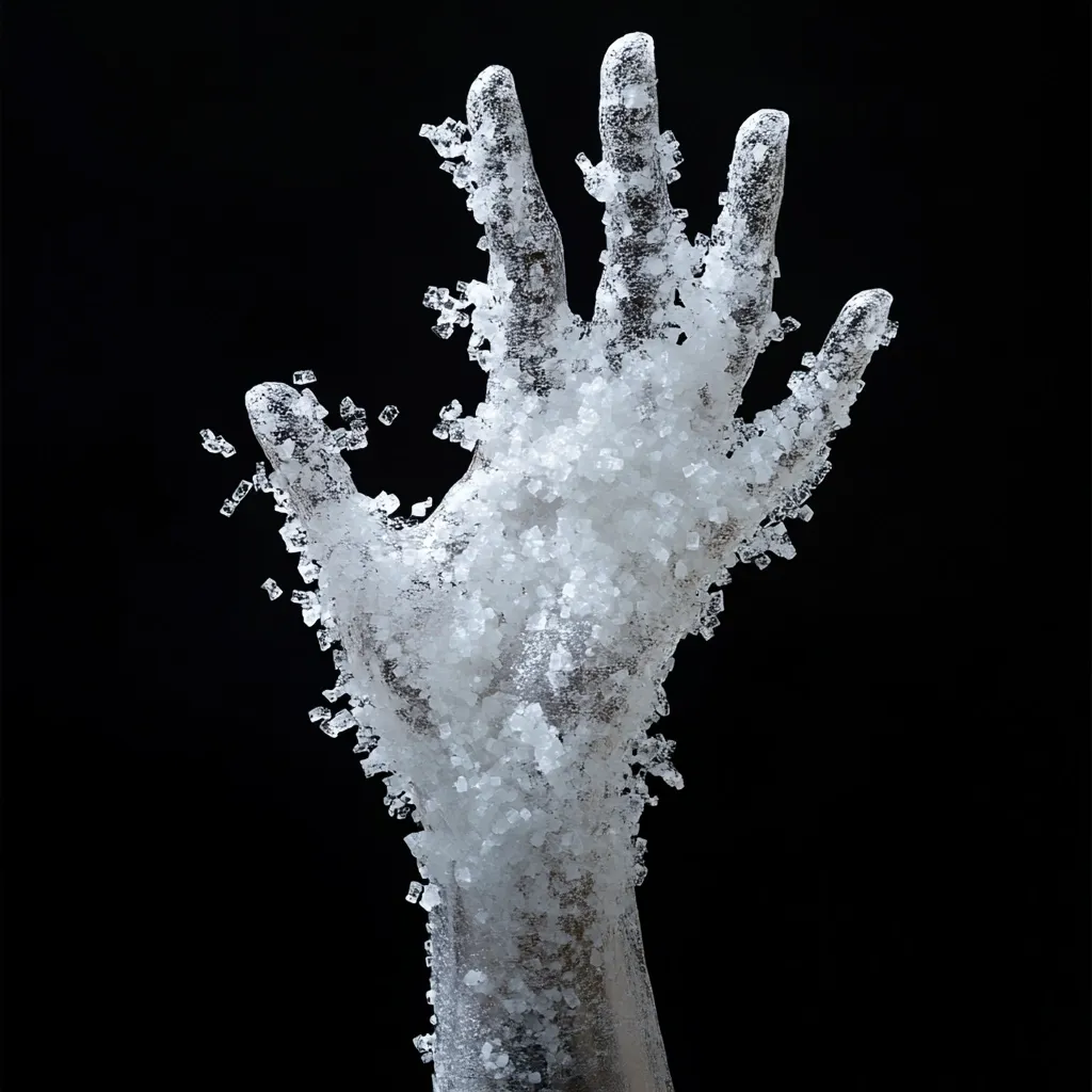 A striking image depicts a hand reaching upward, its surface entirely covered in small, crystalline structures.  The hand appears to be made of clear material, allowing light to pass through, while the crystals create a textured, almost dissolving effect. The dark background emphasizes the hand's form and the crystalline detail, creating a surreal and somewhat unsettling visual.
