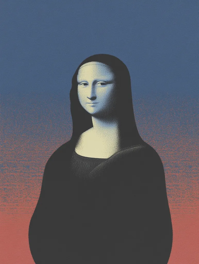 A stylized portrait of the Mona Lisa is presented against a textured background transitioning from deep blue to reddish-brown.  The image employs a pointillist technique, giving the figure a subtly grainy appearance.  Her expression is serene, and the dark clothing contrasts with her pale face, creating a striking visual effect.  The overall tone is somber and contemplative.
