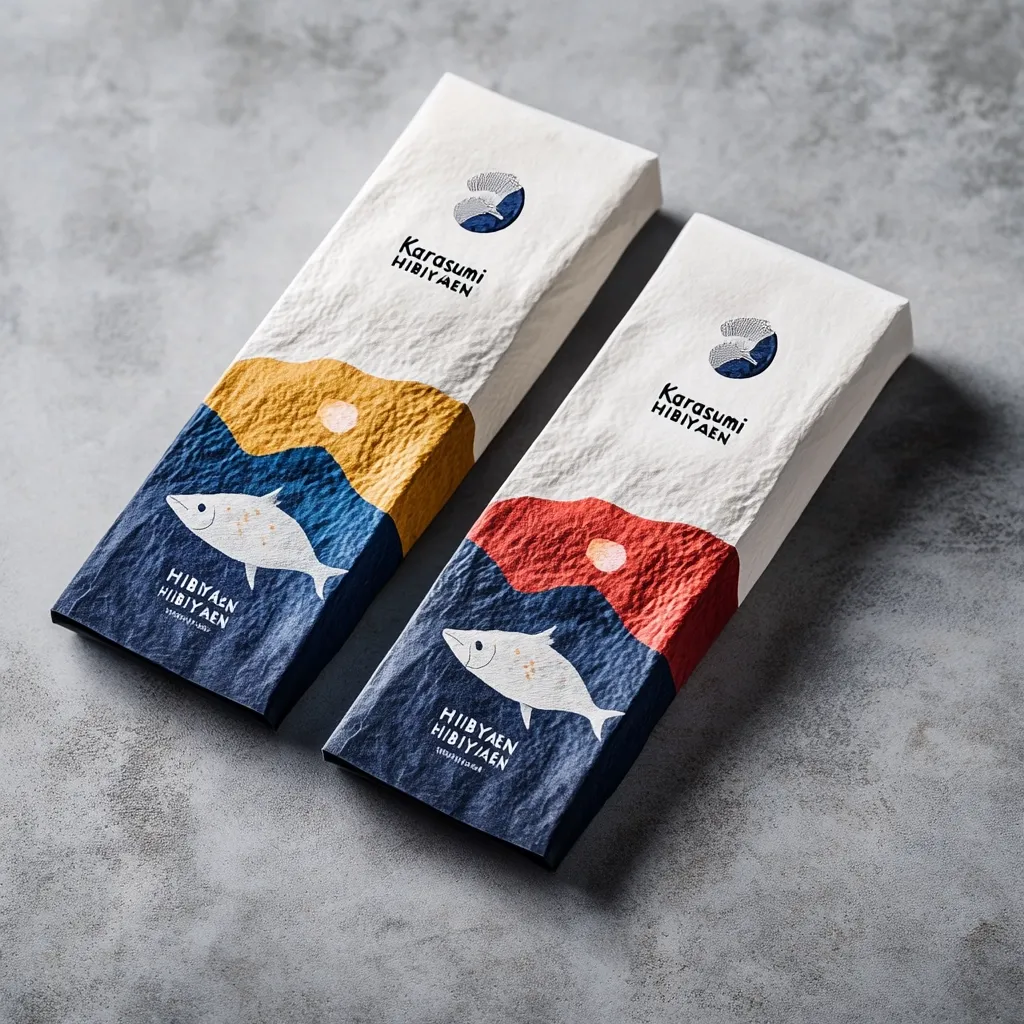 Two elegant boxes of Karasumi Hibiyaen are displayed.  The packaging features a textured, off-white background with stylized illustrations of fish and landscapes in muted colors: gold and blue on one, red and blue on the other.  The brand name is prominently displayed, along with the product name. The design is minimalist and sophisticated, reflecting a high-quality product.