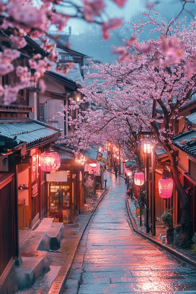 A picturesque street in Japan, lined with traditional wooden houses, is bathed in the soft pink glow of cherry blossoms.  Rain-slicked cobblestones reflect the warm light from lanterns hanging outside shops.  The scene is serene and atmospheric, capturing the beauty of a tranquil evening in a blossoming Japanese town.  A single figure is visible in the distance, adding to the peaceful ambiance.
