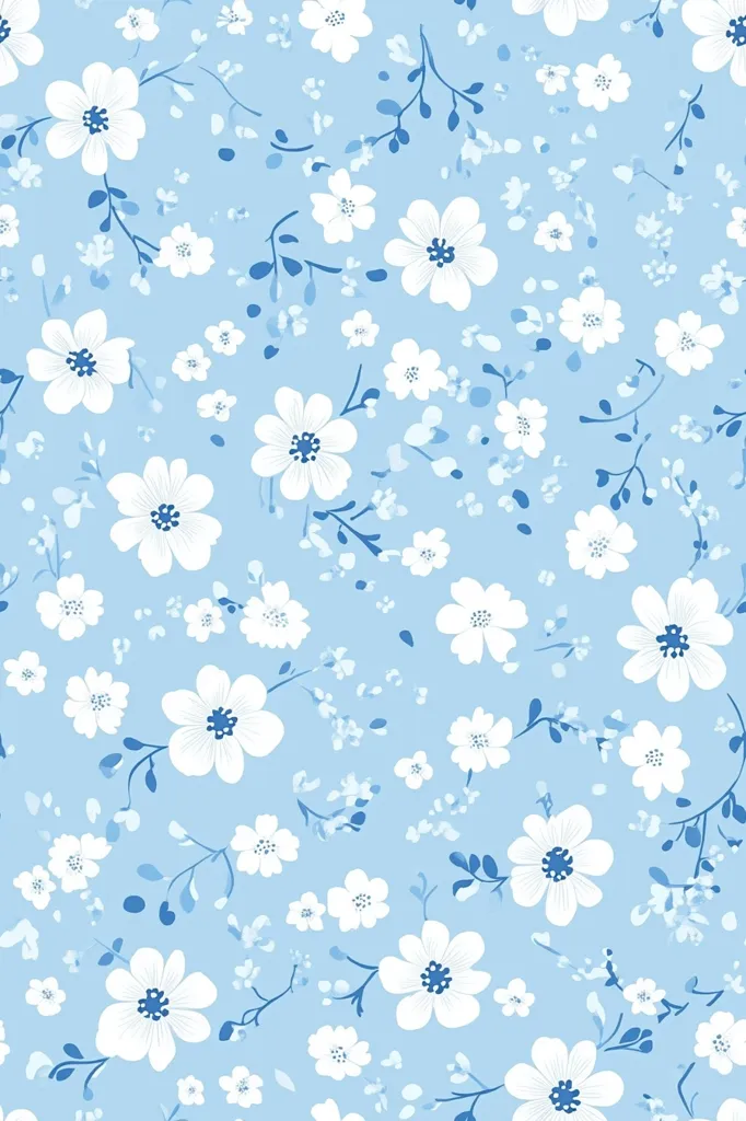 A seamless pattern featuring delicate white flowers scattered across a pale blue background.  Small blue sprigs and tiny flowers add to the floral design, creating a light and airy aesthetic. The overall style is reminiscent of vintage floral prints, perfect for textiles or wallpaper.  The pattern is repetitive and evenly distributed, showcasing a consistent and charming visual appeal.