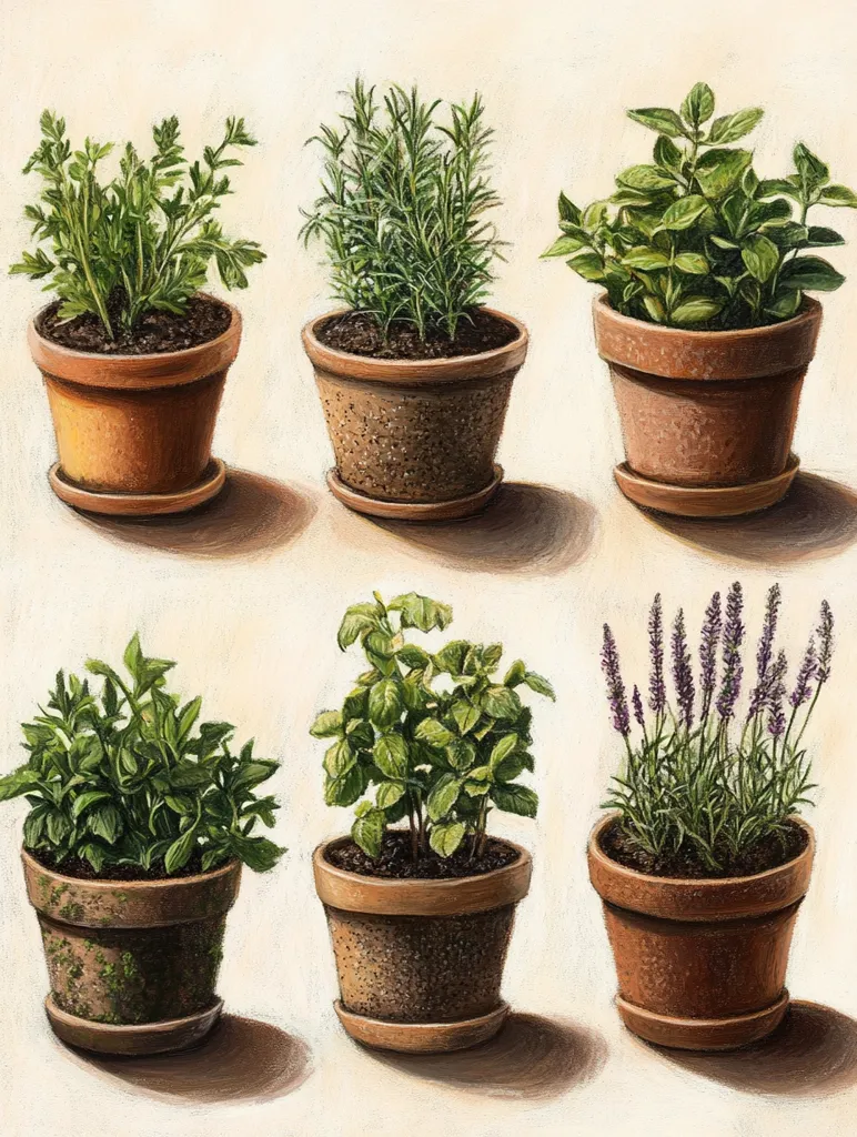 A charming illustration showcases six potted herbs arranged in two rows.  The top row features parsley, rosemary, and mint, while the bottom row presents another type of mint, a vibrant green herb, and lavender.  All are planted in terracotta pots, sitting on small saucers, against a soft, off-white background. The detailed artwork highlights the textures of the plants and pots.