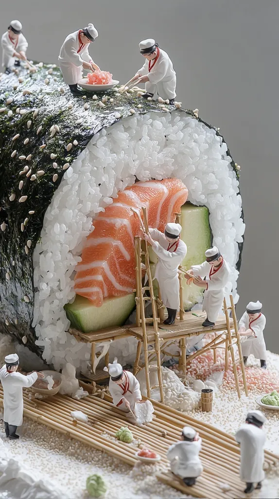 Miniature chefs meticulously craft a giant sushi roll.  They work collaboratively, some preparing ingredients like seaweed and sesame seeds, others carefully placing salmon and avocado within the rice.  A complex scaffolding supports the construction, highlighting the intricate detail and artistry involved in this whimsical scene.  The overall effect is a playful yet impressive display of miniature craftsmanship.