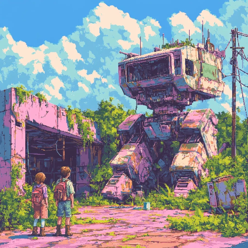 A pixel art scene depicts a giant, dilapidated mech standing amidst overgrown ruins under a bright, sunny sky. Two children with backpacks observe the mech, which appears to be overgrown with vegetation.  The buildings are faded pink, suggesting age and decay, creating a post-apocalyptic yet peaceful atmosphere. The overall style is reminiscent of retro video games.
