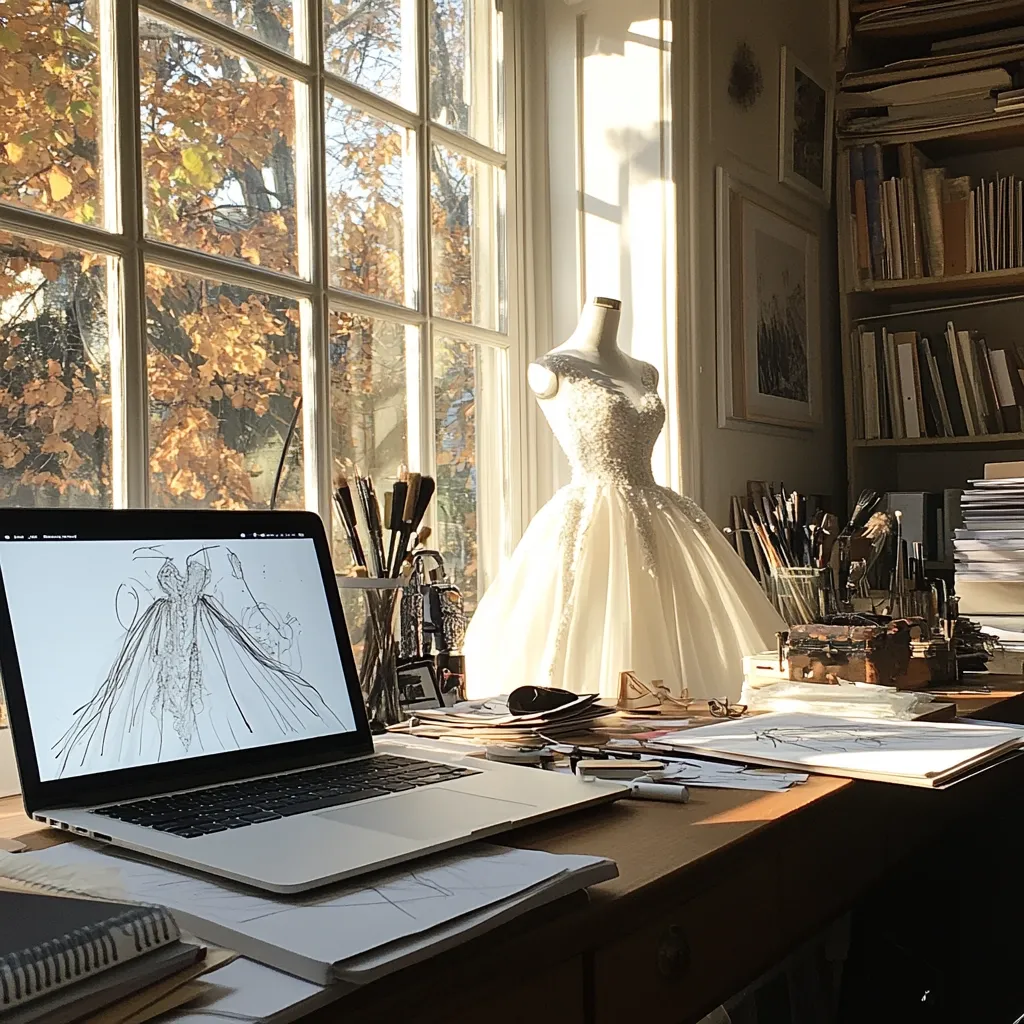 Sunlight streams into a design studio, illuminating a pristine wedding dress on a mannequin. A laptop displays a sketched design, alongside art supplies and papers scattered on a wooden desk.  Bookshelves filled with volumes and a large window overlooking autumnal foliage complete the scene, evoking a feeling of creative inspiration and tranquility.