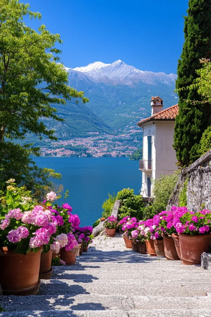 A picturesque stone staircase lined with vibrant pink hydrangeas leads to a charming white house.  The house overlooks a stunning lake, with a snow-capped mountain range providing a breathtaking backdrop.  The scene is bathed in bright sunlight, creating a idyllic and tranquil atmosphere.  The vibrant flowers contrast beautifully with the clear blue water and majestic mountains.