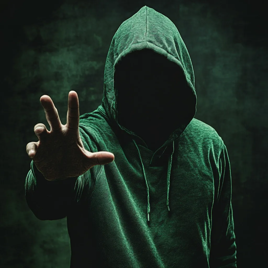 A shadowy figure, cloaked in a dark green hooded sweatshirt, extends a hand towards the viewer.  Their face is completely obscured by the hood's shadow, creating a mysterious and ominous atmosphere. The background is a dark, textured green, enhancing the overall sense of secrecy and intrigue. The image suggests themes of anonymity, concealment, or perhaps even danger.