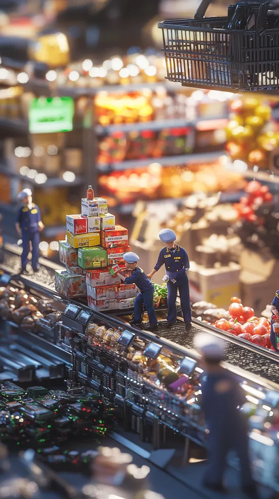 Miniature figures in navy uniforms work in a grocery store, restocking shelves with boxes of goods. A conveyor belt carries the boxes to the display area, showcasing a bustling and efficient miniature supermarket scene.  The background is blurred, focusing attention on the tiny workers diligently managing the stock. A shopping basket hangs overhead, adding to the grocery store atmosphere.