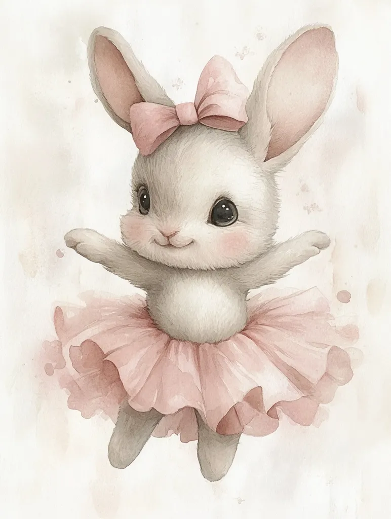 An adorable watercolor illustration of a ballerina bunny.  The bunny, with long ears and a pink bow, wears a delicate blush-pink tutu. Its large eyes and sweet expression convey innocence and grace. The soft watercolor style and muted colors create a gentle, whimsical atmosphere, perfect for a child's room or nursery.  The bunny's pose suggests a lighthearted and joyful spirit.
