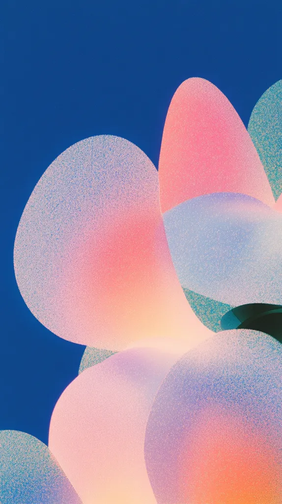 An abstract image features overlapping, pastel-colored ovals against a deep blue background.  The shapes are soft and gradient, blending shades of pink, peach, and light blue.  A subtle granular texture is visible on the surfaces of the ovals, giving the artwork a slightly grainy appearance. The overall effect is calming and dreamlike.