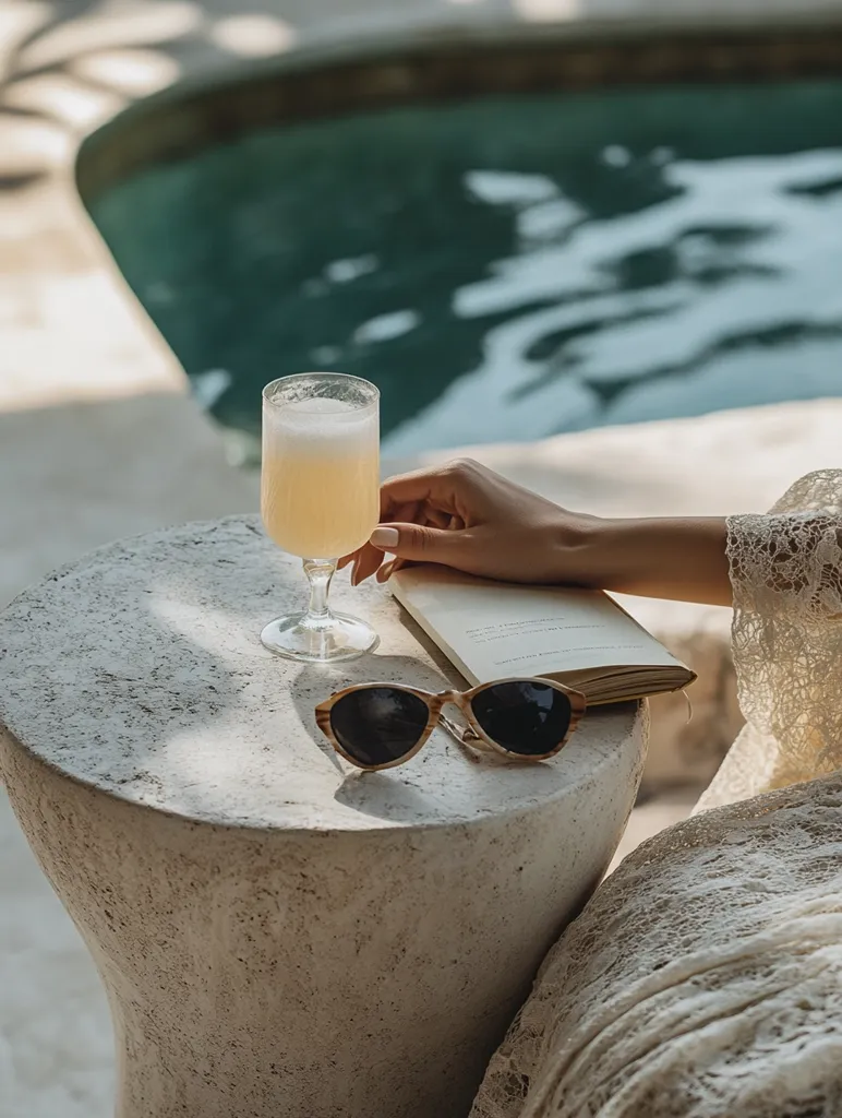 A person's hand holds a glass of pale yellow beverage beside a small, round concrete table.  Sunglasses and a book rest on the table.  The background is blurred, showing a tranquil swimming pool. The scene evokes a feeling of relaxation and calm by the poolside. The person is partially visible, wearing a lacy white garment.  The overall aesthetic is minimalist and serene.